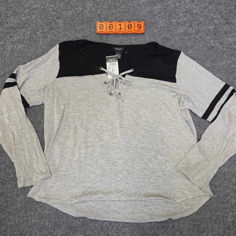 Rue 21 Gray & Black Lace Up Long Sleeve Top with Black Stripes. Size XL.